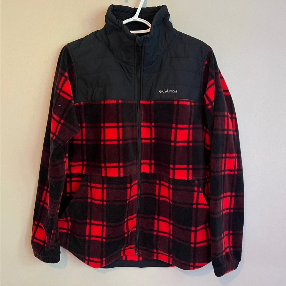 Columbia Women Red Black Plaid Full Zip Fleece Jacket Large Cabincore Gorpcore
